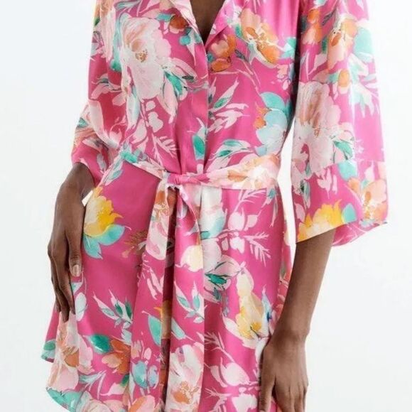 ZARA Pink Floral Printed Satin/Sarin Effect Floral‎ Kimono Dress NWT - XS - Picture 4 of 7